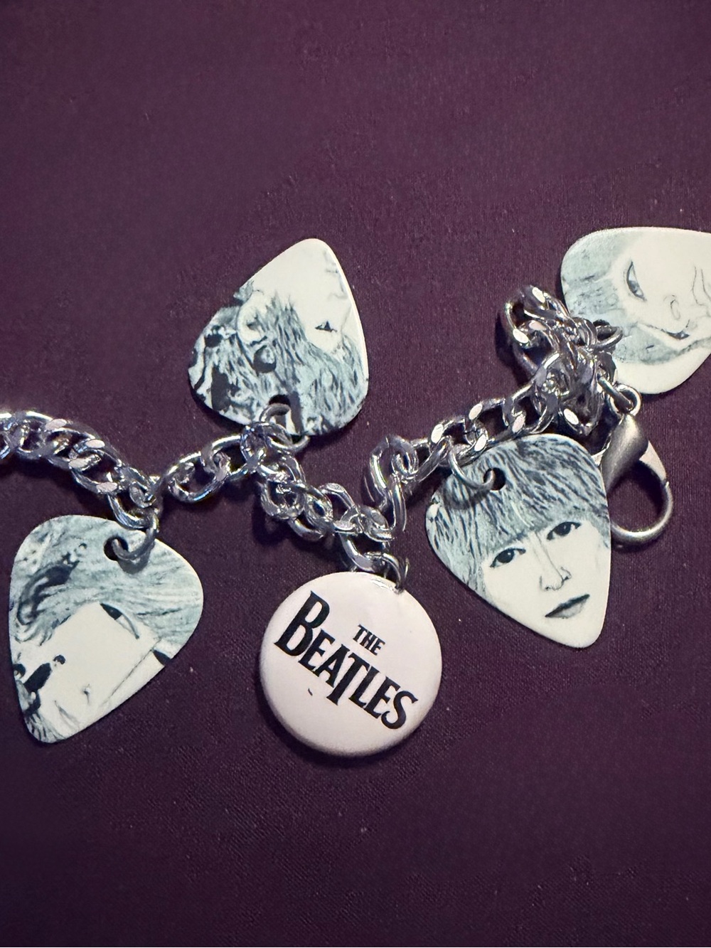 The Beatles White & Silver Charm Bracelet with Guitar Pick Portraits